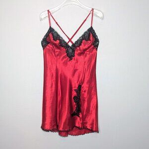 Frederick's of Hollywood Vintage Red Satin Slip Dress Black Lace Trim Cross Back